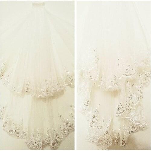 Vintage 1M Long Bridal Veil Lace Appliques Sequins Edge Short Wedding Veil 2 Layers White Veils Long Bridal Wedding Veils