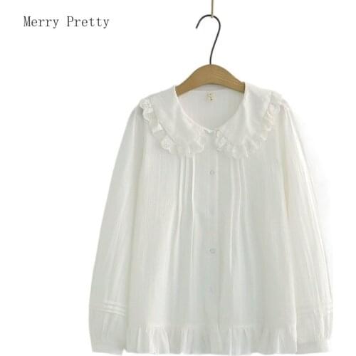 White Solid Minimalist Casual Women Ruffles Blouses and Tops 2021 Summer Long Sleeve Tundown Collar Korean Ladies Cotton Shirts