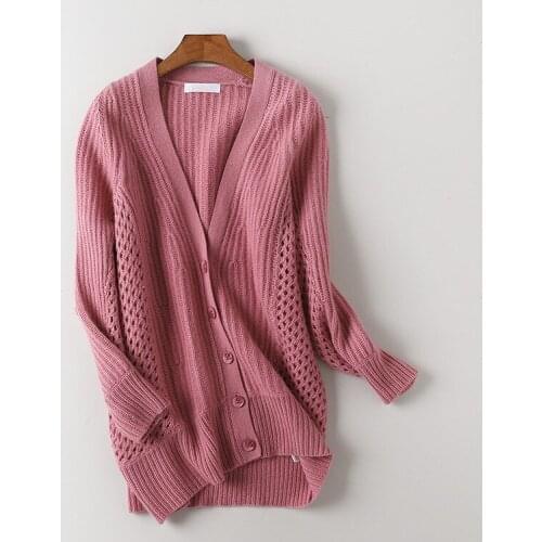 Goat cashmere hollow-out kint women fashion Vneck cardigan sweater coat single breasted mid-long solid color S/M/L