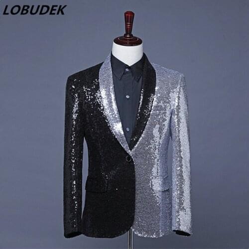 Silvery Black Sequins Splicing Shawl Collar Suit Jackets Asymmetric Tuxedo Blazer Evening Performance Prom Singer Host Costume