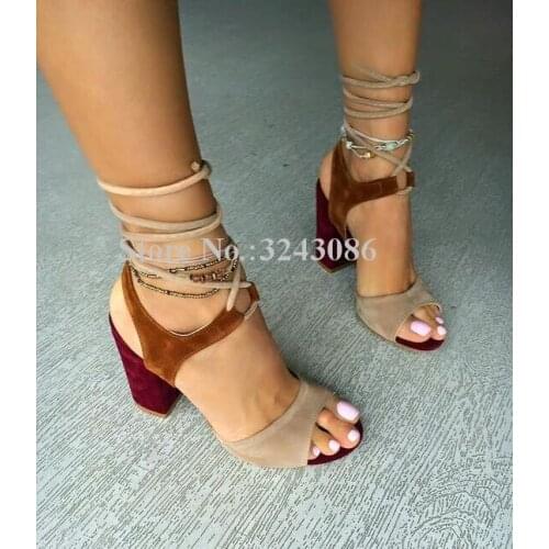 Suede Patchwork Lace-up Chunky Heel Sandals Woman Peep Toe Mixed Color Thick Heel Pumps Ladies Large Size Party Shoes Dropship