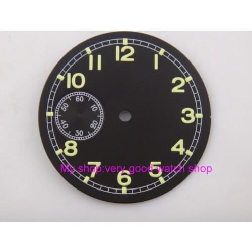 38.9mm black dial fit for 6497-1 /6497-2/st3600 movement watch dial luminous green marks 07a