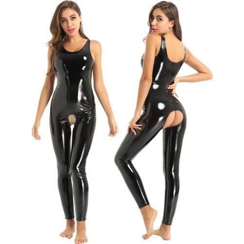 Crotchles Latex Catsuit Women Wet Look Patent Leather Erotic Sleeveless Leotard Bodysuit Romper Jumpsuit Clubwear Underwear