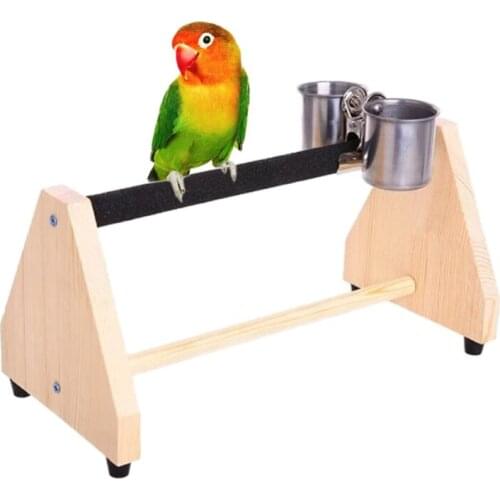 Parrot Play Wood Stand Bird Grinding Perch Table Platform Birdcage Feeder Stands with Stainless Steel Feeder Dish Cup
