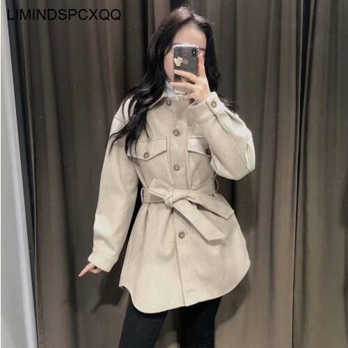 Jaqueta Feminina 2021 Jackets Women Fashion Tie Belt Waist Gray Woolen Coats Elegant Pockets Female Lapel Autumn Casual Clothing