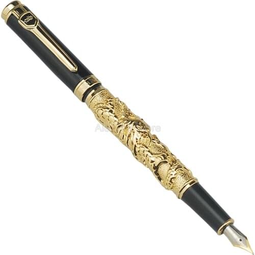 Jinhao Ancient Fountain Pen Auspicious Dragon Carving Heavy Pen, Iridium Fine Nib Noble Golden Office & School Supplies