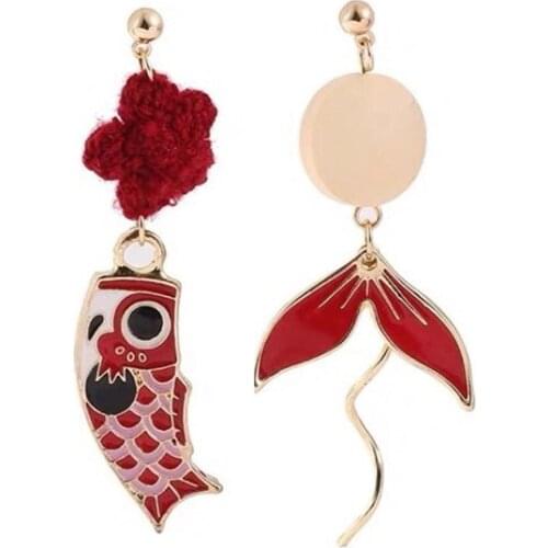 Cute Long Asymmetric Enamel Fish Drop Earrings Kawaii Red Flower Earrings For Women 2020 New Year Gift Creative Bijoux Jewelry