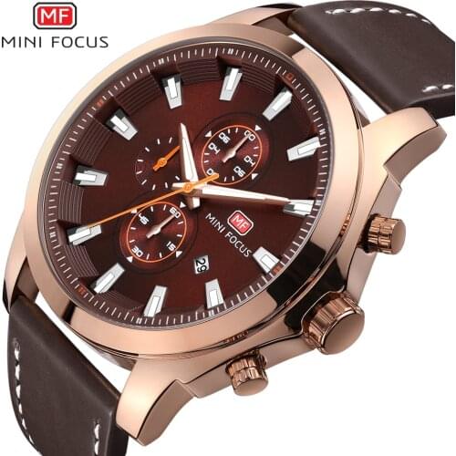 MINI FOCUS Fashion Top Brand Genuine Leather Chronograph Sport Waterproof Automatic Date Quartz Watch For Men Relogio Masculino
