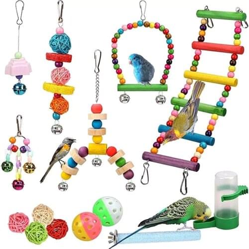 NHBR Bird Toys Set Swing Chewing Training Toys Small Parrot Hanging Hammock Parrot Cage Bell Perch Toys with Ladder