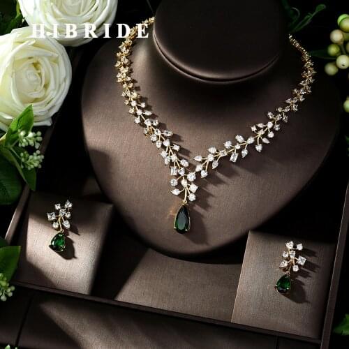 HIBRIDE Charm Green Water Drop Dubai Jewelry Sets Gold Color Wedding Necklace Earrings Sets Bijoux bijoux mariage N-1014