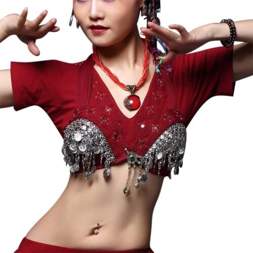 New 2018 Tribal Belly Dance Bra Silver Chain Tassel Metallic Studs Push Up Sequin Bra C/D CUP Vintage Coins Bra Gypsy Dance Tops
