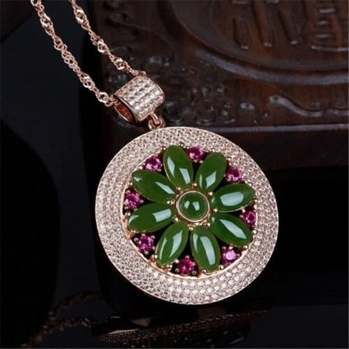 Natural jade flower good moon round jade pendant natural Hetian jasper pendant s925 silver inlaid jade rose gold pendant jewelr