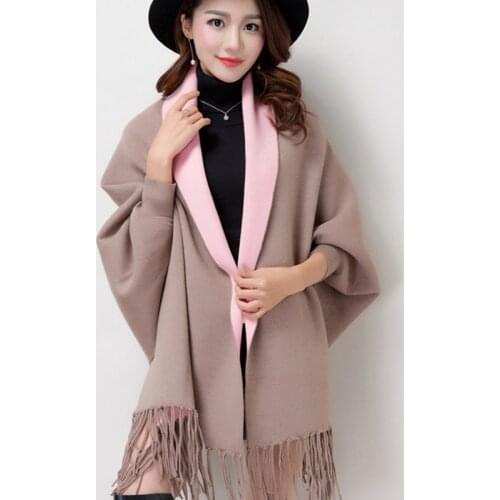 Poncho Women Solid Spring Autumn Scarf Collar Bat Sleeve Ladies Cape Casual Sweater Tassel Knitted Wear for Female