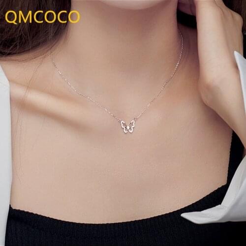 QMCOCO 925 Silver Zircon Butterfly Pendant Necklace Trendy Choker For Women Romantic Engagement Neck Accessories Gift