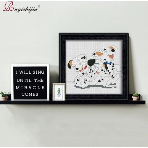 RUYISHIJIA Needlework DIY DMC Cross Stitch Set by Starter Beginners Cartoon Dogs Famile Paintings Home Decoration Art Wall