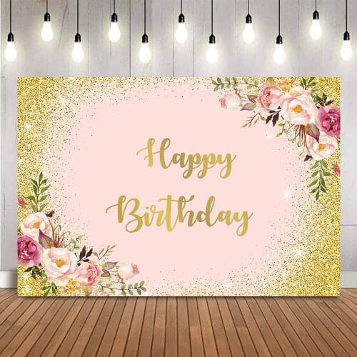 Happy Birthday Floral Backdrop Pink and Gold Glitter Customize Background for Photography Women Girls Sweet 16 21th Personalize