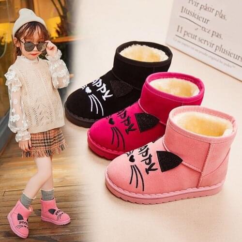 Girls Cute Cat Sweet Thick Cotton Warm Fashion Boots Kids Snow Boots for Baby Children Winter Rubber Boots Anti-slippery Cartoon