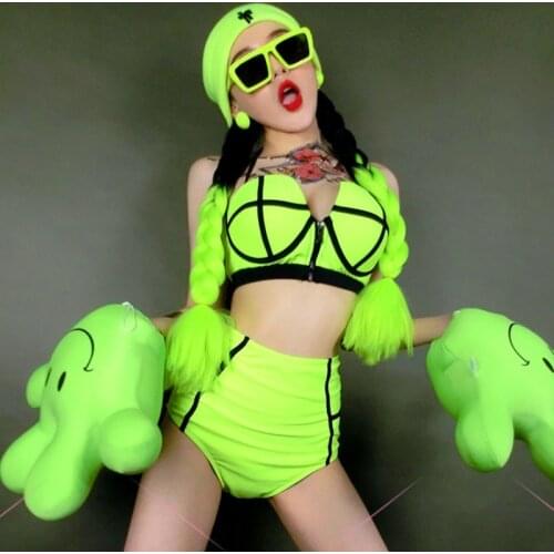 Bar Party Ds Stage Costumes Sexy Female Gogo Pole Dance Rave Clothes Fluorescent Green Bikini Set Lady Festival Outfit DNV13589