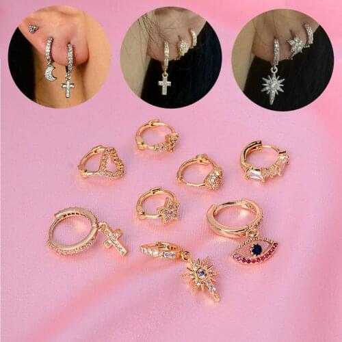 1ps Hot Sale Geometric Crystal Star Moon Cross Skull Pendant Hoop Earrings For Women Gold Color Circle Ear Huggies Fine Jewelry