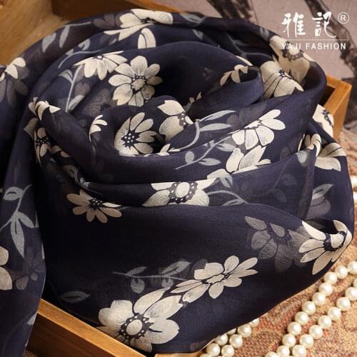 Navy blue printed silk scarf Hangzhou 100% silk scarf shawl long shawl spring autumn winter summer