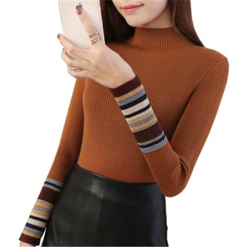 Women Knit Pullover Sweater Autumn Winter Clothes New Half Turtleneck Stripe Long Sleeve Short Elasticity Sweater Jumper Female