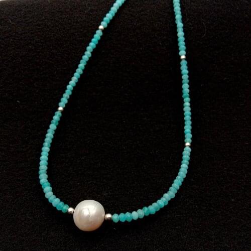 YYGEM Natural Green Peruvian Amazonite White round freshwater Pearl Choker Necklace 17'' for women jewelry