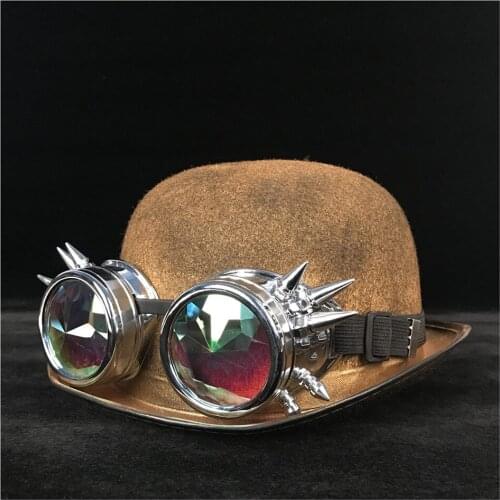 Women Steampunk Bowler Hat Retro Lolita Gold Glasses Topper Top Hats Fedora Headwear Cosplay Magician Billycock Groom Hat