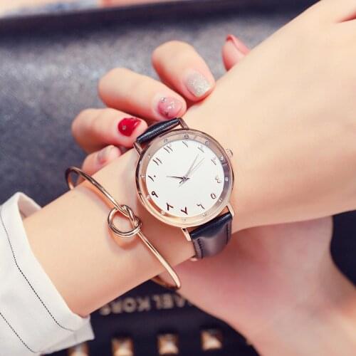 Rose gold white arabic numbers watch women leather band