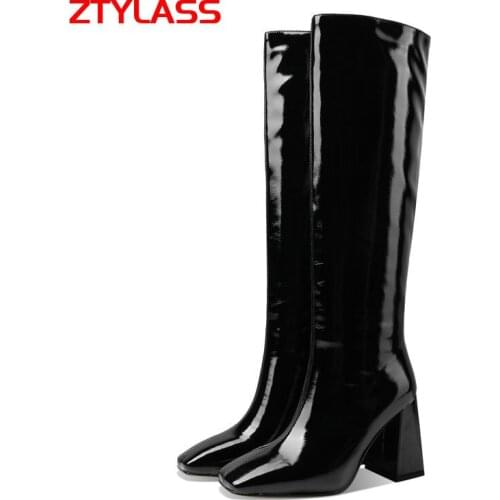 2021 Fashion Patent Leather High Heel Women Boots Autumn Winter Square Toe Knee High Boots Slip On Reflective Woman Boots Shoes