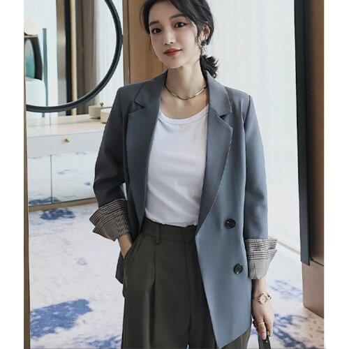 Obrix Solid Pattern Female Suit Jacket V-Neck Double Breasted Office Lady Casual Style Pockets Jacket For Women