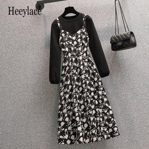 Plus Size 4XL Women Sweet Suit Autumn 2021 Female T Shirt Top And Floral Print Sleeveless Dresses Two Piece Set Outfit Clothing