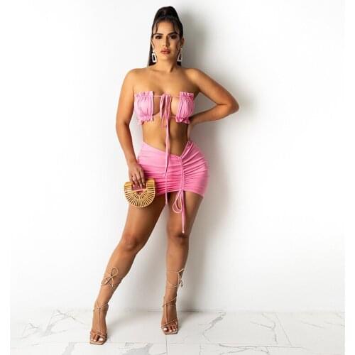 2021 Summer Casual Fashion Women Slim Street Sexy Nightclub Solid Color Bosom Bound Skirt Two-Piece Set