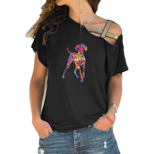 Summer Hungarian Vizsla Dog Watercolor Print Funny Teeshirt Women Short sleeve Loose Irregular Skew Cross Bandage Tops Tee