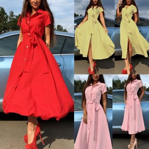 Bohemian A-Line Short Sleeve Dress Fashion Women Summer Long Midi Evening Party Shirt Dress Solid Color