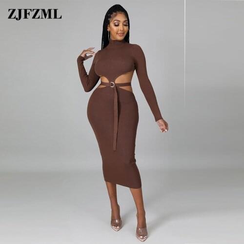 Green/black/coffee Early Autumn Pencil Dress Women Waist Band Cut Out Backless Knitted Dresses Chic Trendy Solid Stretch Robe