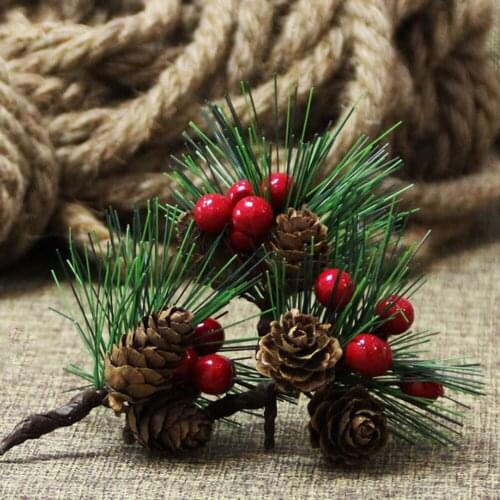 10Pcs Natural Simulated Red Berry Pine Cone Branch Christmas Tree Holiday Ornaments For Greeting Card Wreath Garland Wedding