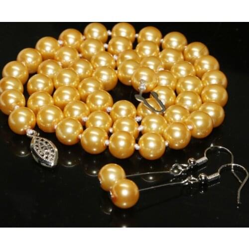 8mm simulated-pearl shell round beads necklace earrings free shipping hot sale elegant yellow women jewelry set 18inch B2363