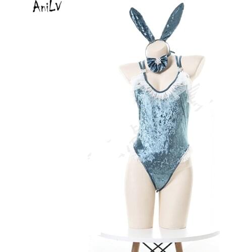 AniLV Bunny Girl Bodysuit Swimsuit Costume Cross Straps Backless Swimwear Uniform Temptation Lingerie Cosplay Lake Green