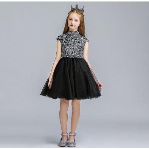 Flower Girl Dress Illusion Luxury Black O-Neck Sequined Princess Sleeveless Knee-Length Tulle Elegant Cute Kids Party Gown H143