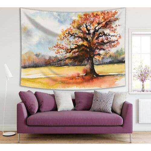 Tapestry Oak Tree with Autumn Leaves Forest Nature Countryside Watercolor Painting in Black Orange Blue Artwork Print