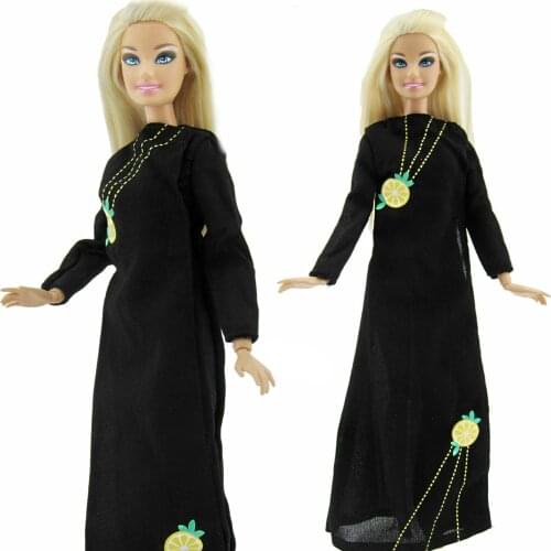 Plain Classic Black Outfit Plain Black Long Sleeves Dress Lemon Pattern Muslim Robe Clothes for Barbie Doll Accessories Toy