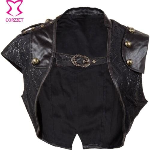 Corzzet Retro Black Leather Steampunk Jacket Burlesque Victorian Gothic Bolero Plus Size 2XXL Accessories Corset
