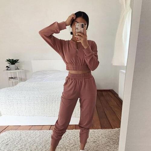 Leisure Suit Zipper Long Sleeve Two Piece Set Short Top Long Pants Sport Suit for Spring