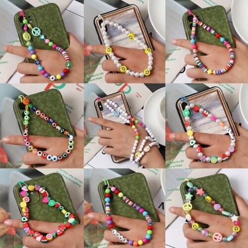 2021 New Trendy Colorful Smiling Soft Ceramic Beads Chain Mobile Phone Chain Anti-lost Handmade Acrylic Cord Lanyard for Women