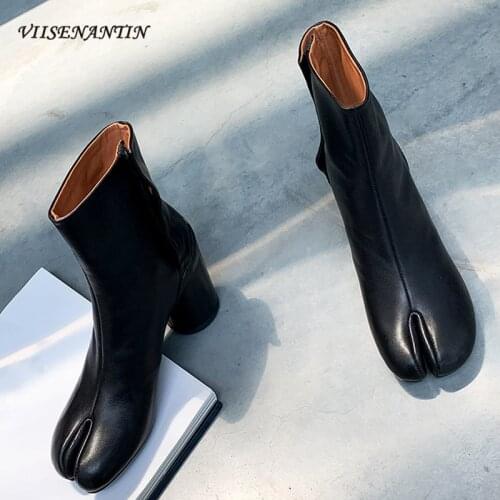 Autumn and Winter Genuine Leather Split Toe Short Boots Womens Thick Heel All-match Fashionable Round Heel Horseshoe Zip Shoes