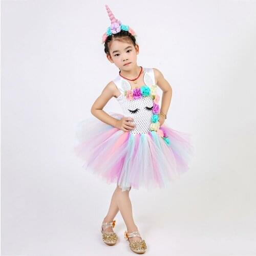 Pastel Clothes Knee Length Flower Children Girls Unicorn Tutu Dress Rainbow Princess Sleeveless Little Kids Flower Dress Vestido