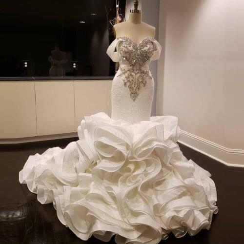Luxury Mermaid Wedding Dresses Plus Size Women Off Shoulder Cryatals Beads Ruffles Train Bridal Dress Zipper Back Wedding Gowns