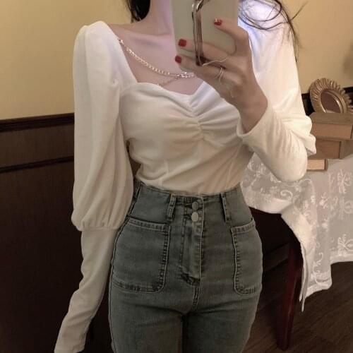 French velvet shirt female design spring new style Korean short bubble long-sleeved shirt female