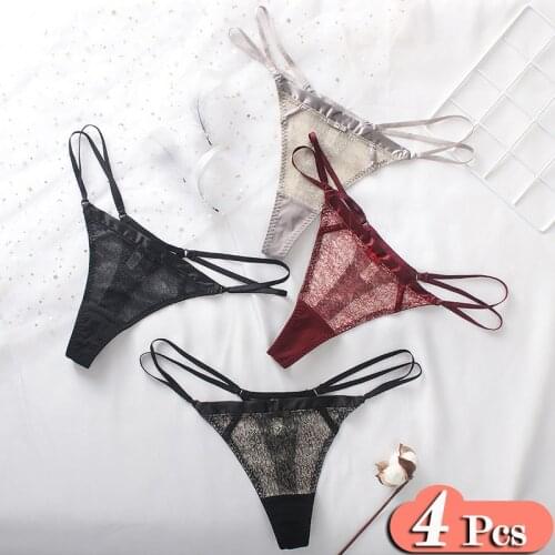 4Pcs/Lot Fashion Sexy Hollow Out G-string Women Transparent Underwear Lace Luxury Sex Panties Thong Crotch Cotton Briefs Set