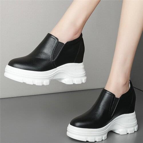 Platform Pumps Shoes Women Genuine Leather Wedges High Heel Ankle Boots Female Slip On Round Toe Fashion Sneakers Casual Shoes